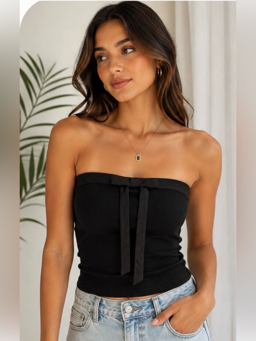 NWT Emerson Lang Black Ribbed Strapless Tube Top Bow Detail Stretch Knit Size S